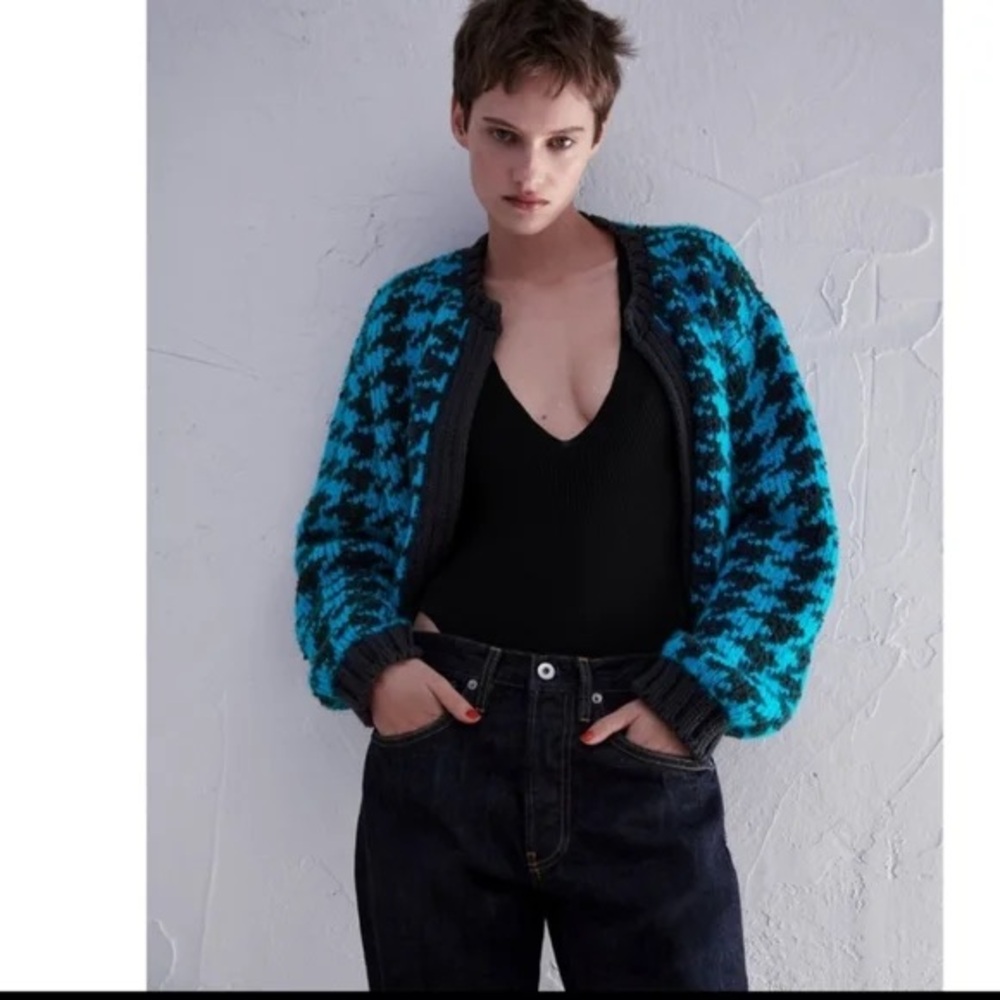 Zara Houndstooth Teal and Charcoal Knit Cardigan